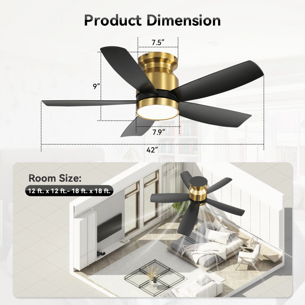 42-inch modern ceiling fan with light and remote control, black fan blades, features, and installation skills