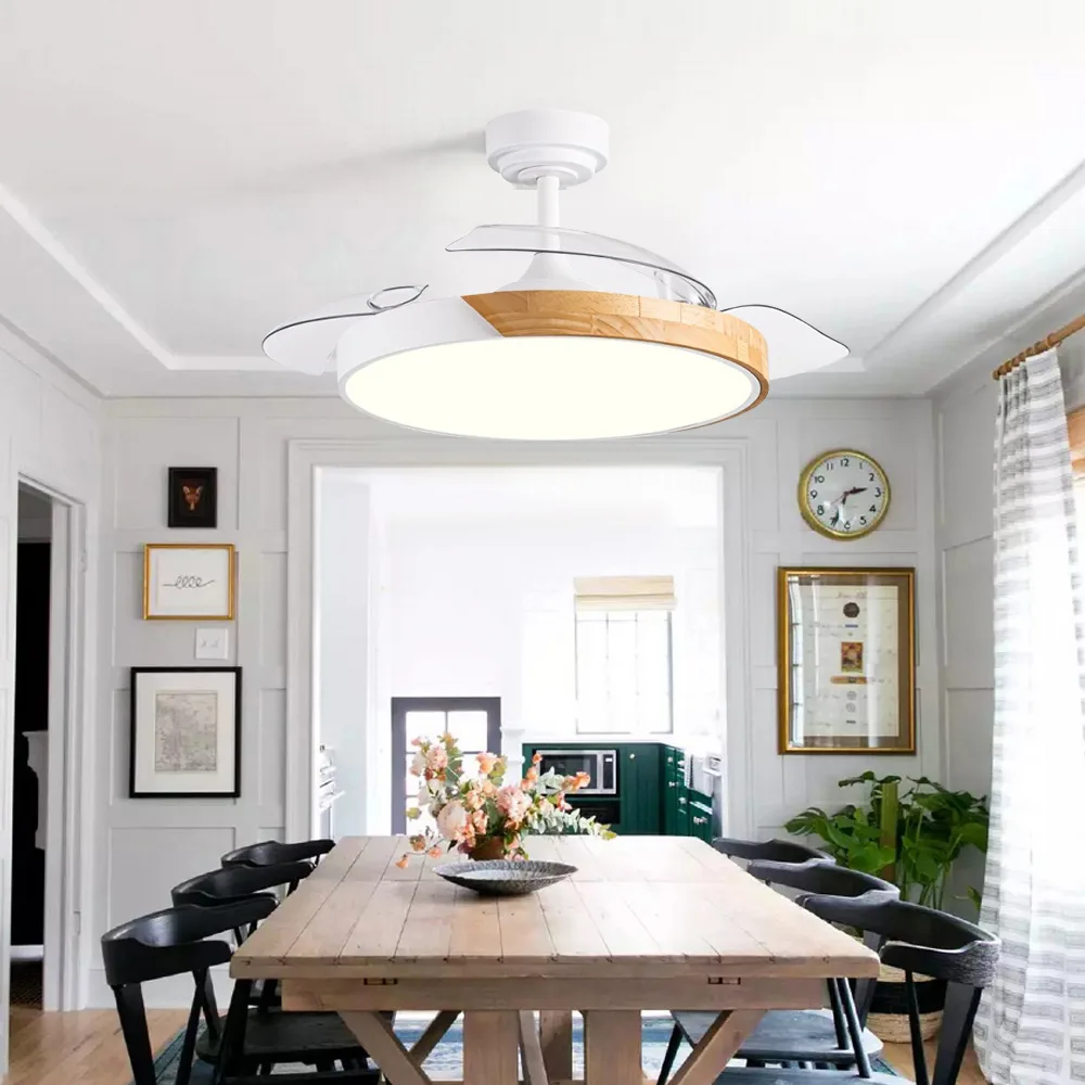 Ceiling Fan Manufacturer 42 Inch White Retractable Wood Grain Led Ceiling Fan Light - Image 3