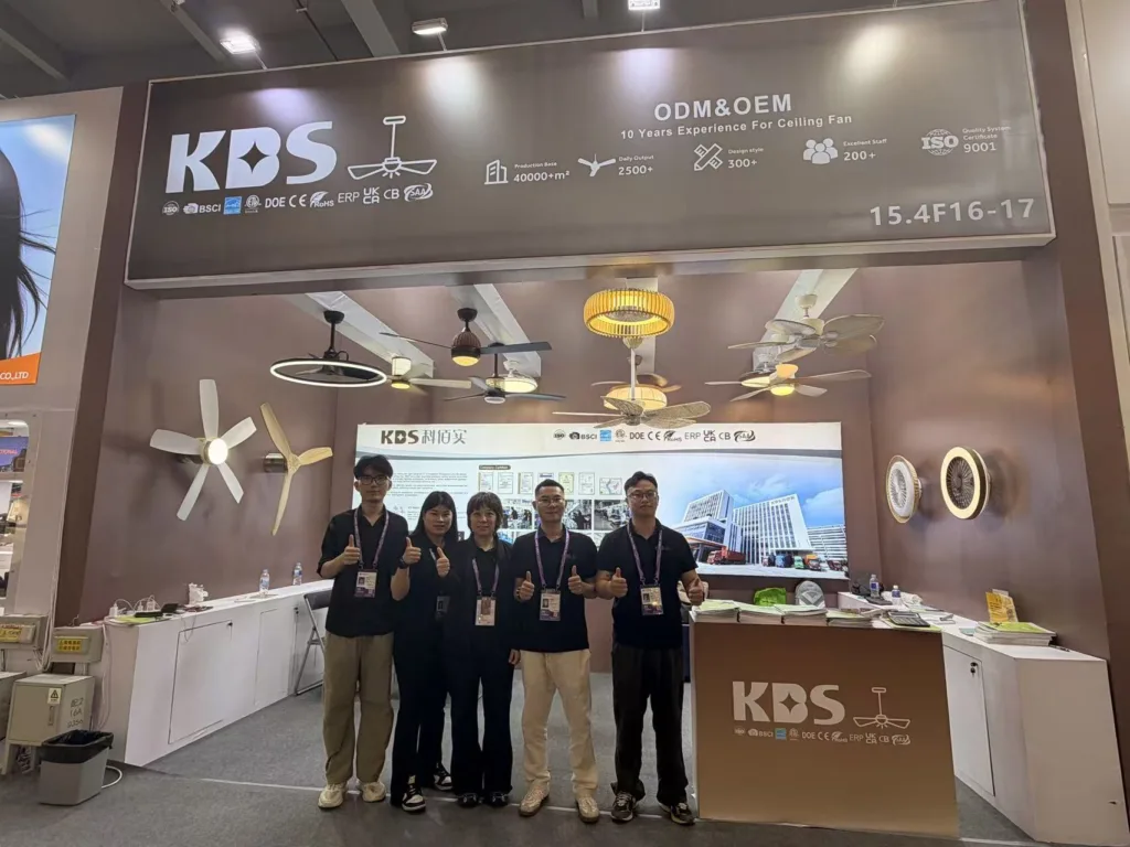 Kbs Ceiling Fan Company Exhibition Booth Display At Canton Fair With Logo And Product Lineup